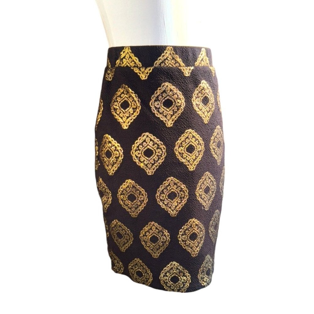 Kaari Blue Womens XS Brocade Skirt Gold Patterned Black Cotton Polyester Blend